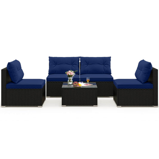 Mondawe Rattan Outdoor Sectional with Blue Cushions and Rattan Frame