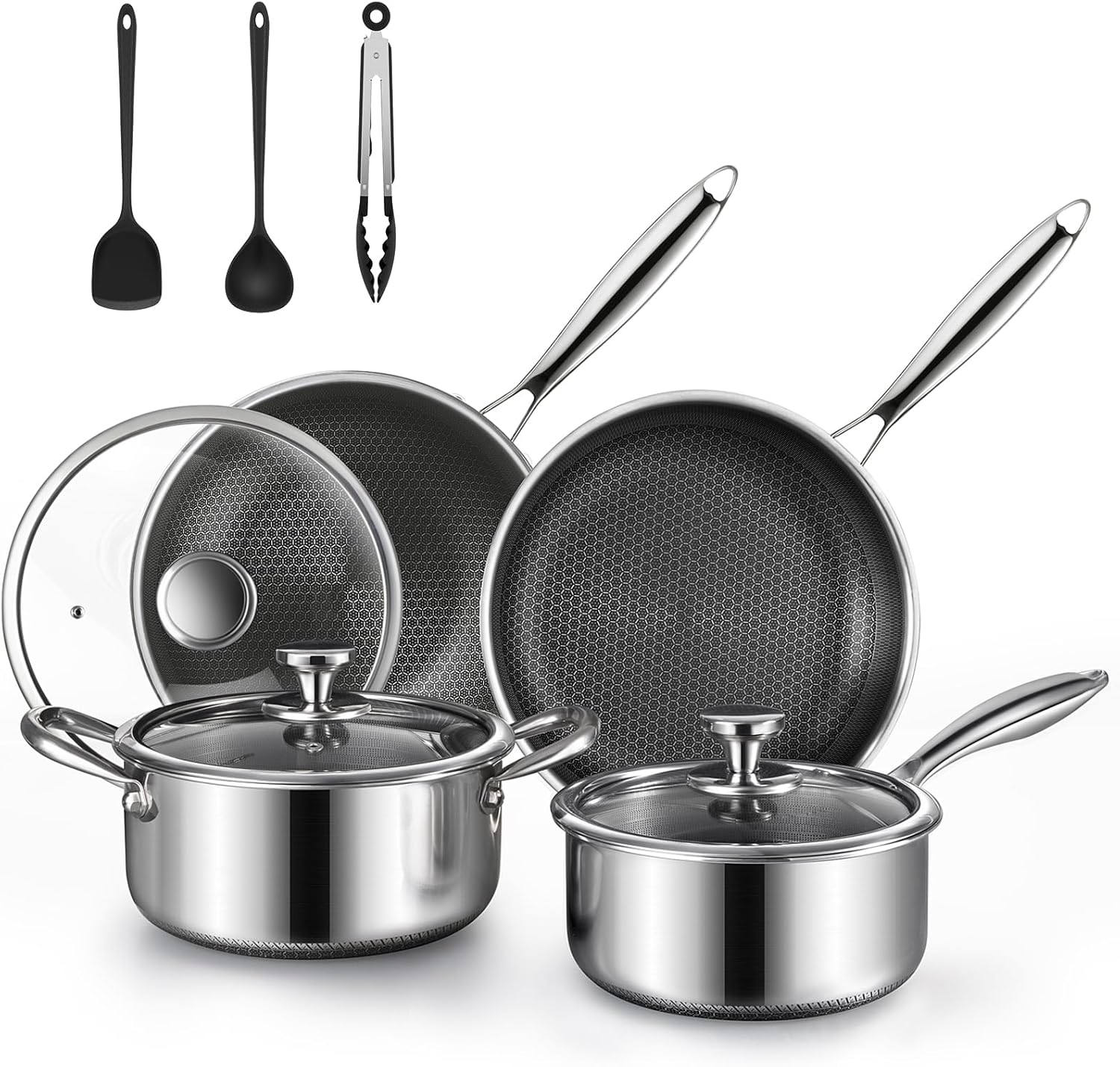 10 Pcs Non Stick Pots and Pans Set with Lids, Hybrid Stainless Steel Cookware Set, Skillet,Stock Pot,Frying Pan,Kitchen Cooking Utensils,Non Toxic,Induction,Dishwasher Safe