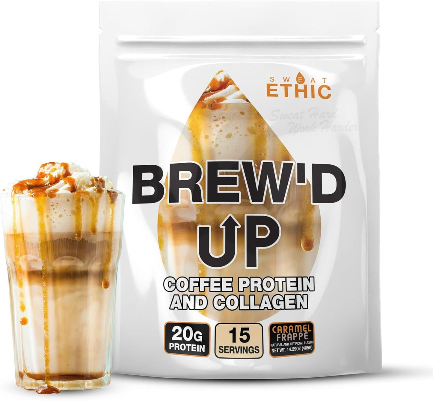 Sweat Ethic Brew\u2019D UP Collagen Protein Coffee, Whey Isolate & Collagen Peptides, Natural Caffeine, Low Lactose, No Added Sugar, Easy-Mix Protein Coffee Powder, Caramel Frappe Flavor, 15 Servings