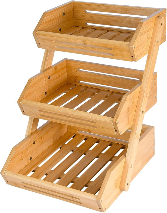 VIKEYHOME Fruit Basket, 3 Tier Bamboo Fruit Bowl for Kitchen, Stand Storage Holder, Heavy Duty\/Large Capacity for Fruit, Vegetables Countertop Organizer