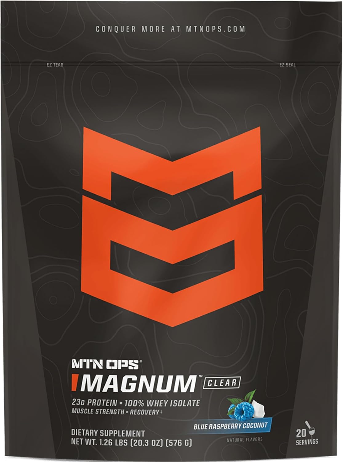 MTN OPS Magnum Clear Protein Powder \u2013 23g 100% Whey Protein Isolate per Serving, Low Carb (<1g), Quick-Digesting, Gluten-Free, Low Lactose, Refreshing Blue Raspberry Coconut, 20 Servings