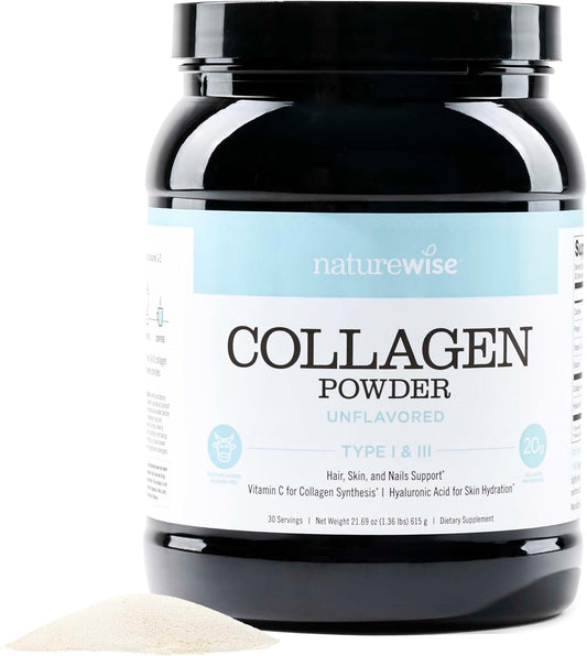 NatureWise Collagen Peptides Powder with Hyaluronic Acid and Vitamin C - Unflavored Collagen Peptides for Women & Men - Type I & III for Hair, Skin & Nails - Sugar, Gluten & Dairy Free - 30 Servings