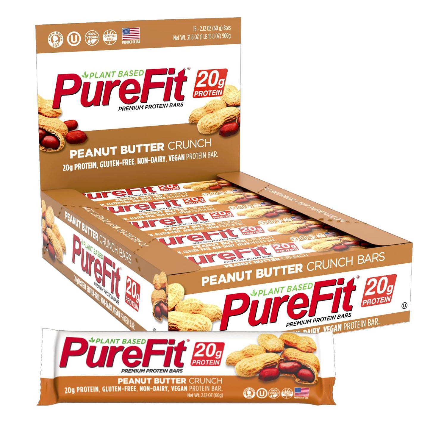 PureFit,Protein Bar, Peanut Butter Crunch,Pack of 15 Protein Bars | 20g of Protein | 220 Calories | 8g of Sugar | 3g of Dietary Fiber | 900g of Pack- High Protein, Low Carb, Gluten Free Protein Bar,Vegan Protein Bars,Healthy Snack