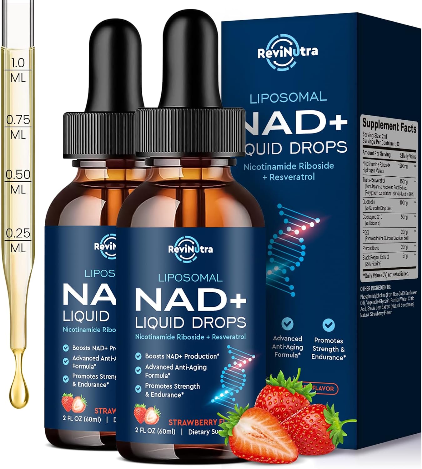 Liposomal NAD Supplement - 1200mg NAD+ Liquid Drops for Women & Men, Nicotinamide Riboside with Resveratrol, PQQ, CoQ10, Quercetin for Anti-Aging, Brain & Cellular Mitochondrial, Strawberry 4 Fl Oz