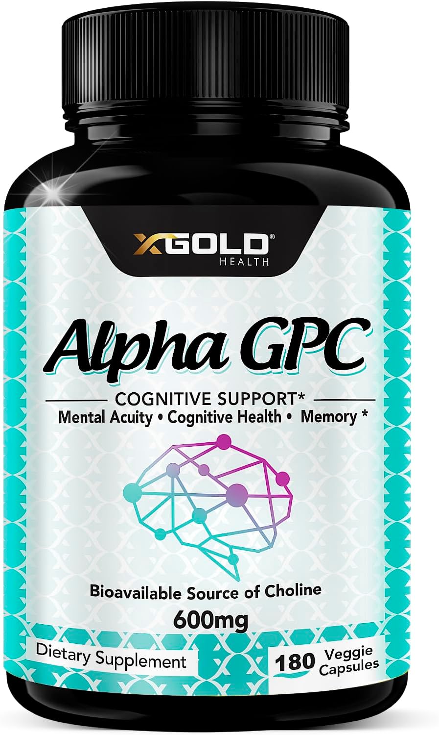 Alpha GPC Choline Supplement 600mg, 99%+ Highly Purified, Highly Bioavailable Source of Choline,180 Veggie Capsules, Cognitive Enhancer Nootropic, Supports Memory & Brain Function, Boosts Focus & Mood