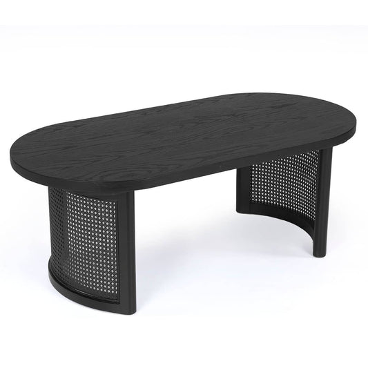 Maison Boucle 48 Inch Oval Black Coffee Table with Rattan Pedestal Base for Living Room or Lounge