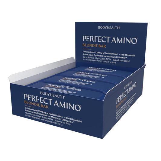BodyHealth PerfectAmino Bar Protein Energy Snack with 10g of Protein, Plant Based MCT's, Superfood Blend, Kosher, (Blondie, 12 Pack)