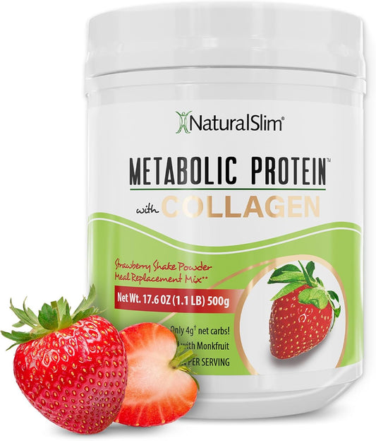 NaturalSlim Metabolic Protein Powder with Collagen Strawberry - Hydrolyzed Collagen Protein Powder for Hair, Skin, Bone, and Joint - Low Carb Meal Replacement Shake Mix - 17.6 oz