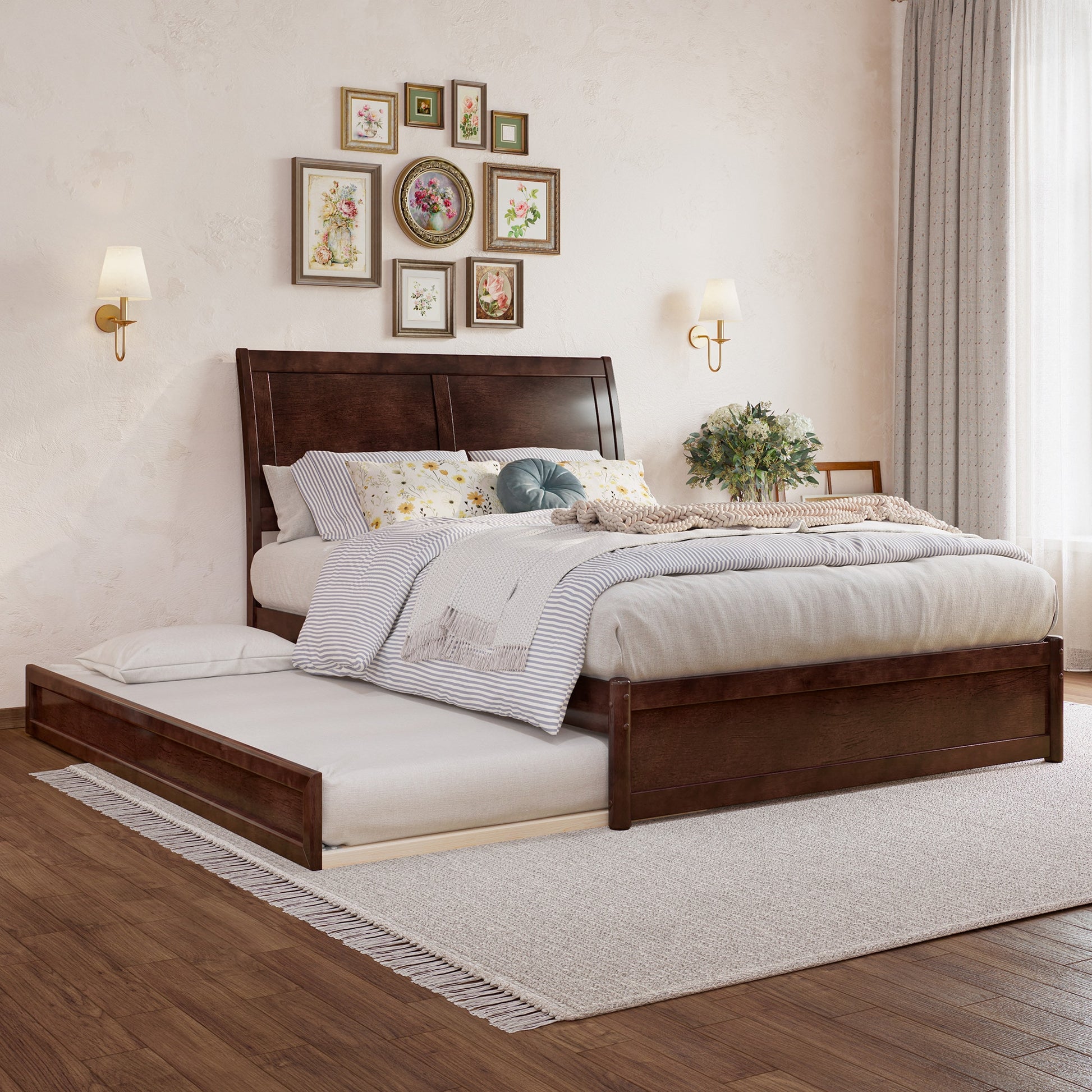 AFI Full Walnut Wood Trundle Bed with Headboard