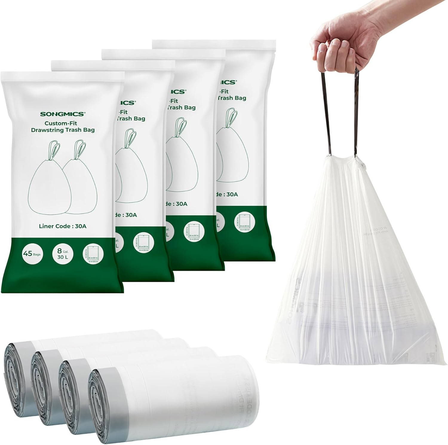 SONGMICS Trash Bags for 8-Gallon (30 L) Trash Cans, Drawstring Kitchen Garbage Bags, Pre-Separated, Liner Code 30A, 4 Rolls, 180 Count, White UKRB030A04