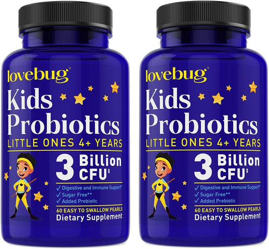 LOVEBUG Probiotics Little Ones Kids Probiotics, 120 Pearls \u2013 3 Billion CFU w\/Added prebiotic Fiber \u2013 Allergen-Free, Non-GMO