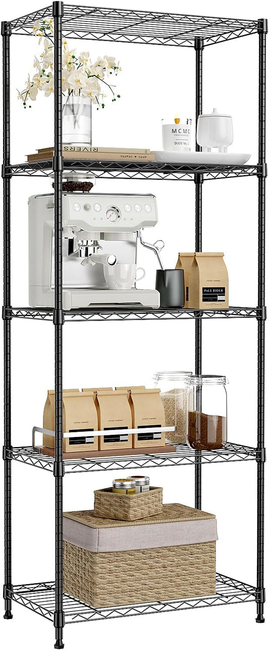 IZEUK 5-Tier Black Metal Storage Shelves, Adjustable Wire Shelving Unit for Kitchen, Bathroom, Pantry, Office, Garage, Organizer Wire Rack, 1250 lbs, 13.7" D x 23.6" W x 53.4" H