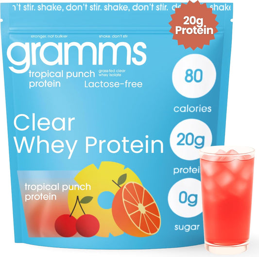 GRAMMS Clear Protein Powder, Tropical Punch | 20g Protein Grass-Fed Whey Isolate, Zero Sugar, Zero Lactose, Non-Bloating, Non-GMO, Protein for Women (18 Servings)