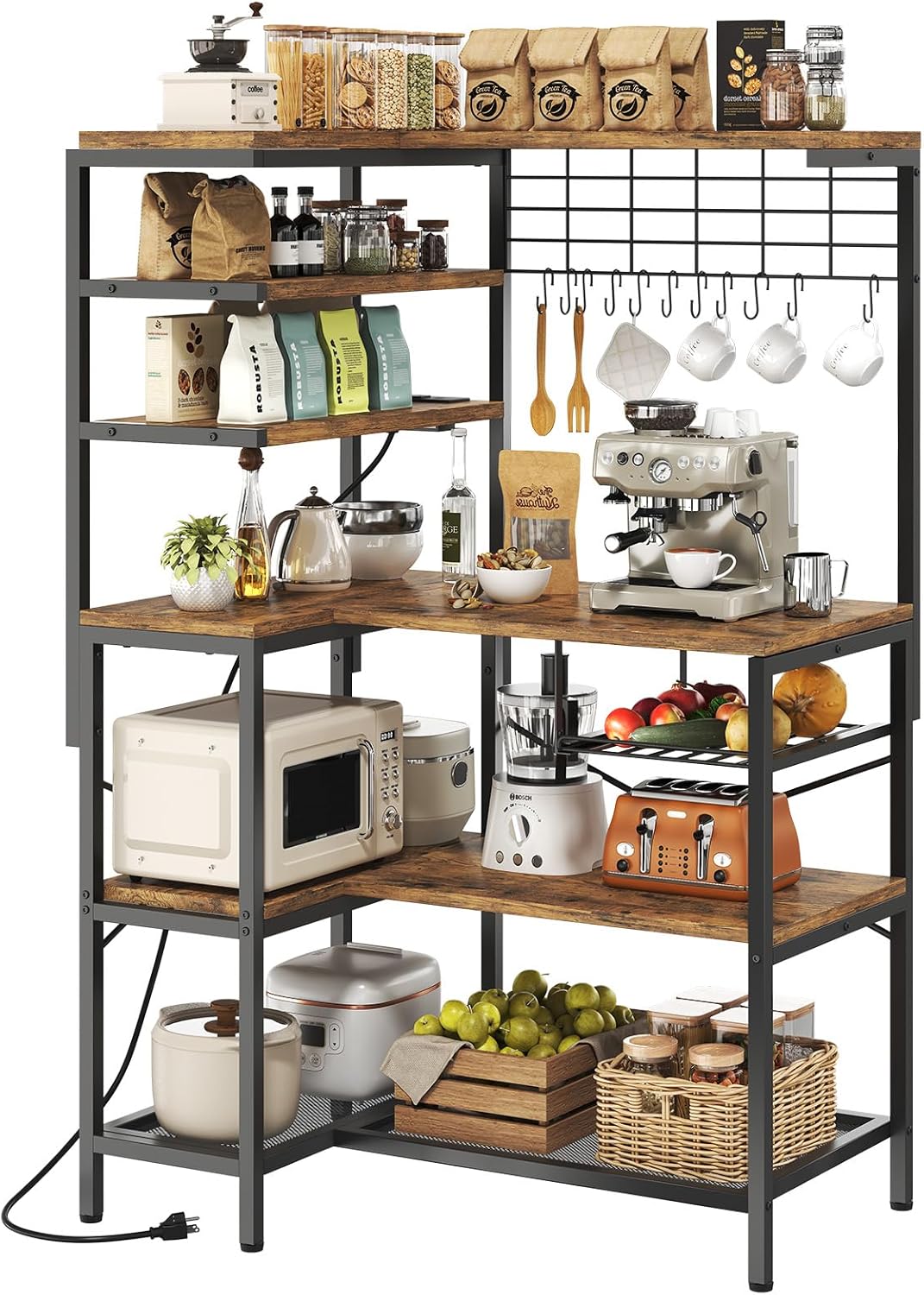 iabifo L-Shaped Bakers Rack with Power Outlet, 6-Tier Microwave Stand with Open Storage, Coffee Bar with Hooks, Mesh Grid, Kitchen Shelf with Wire Basket, Rustic Brown and Black