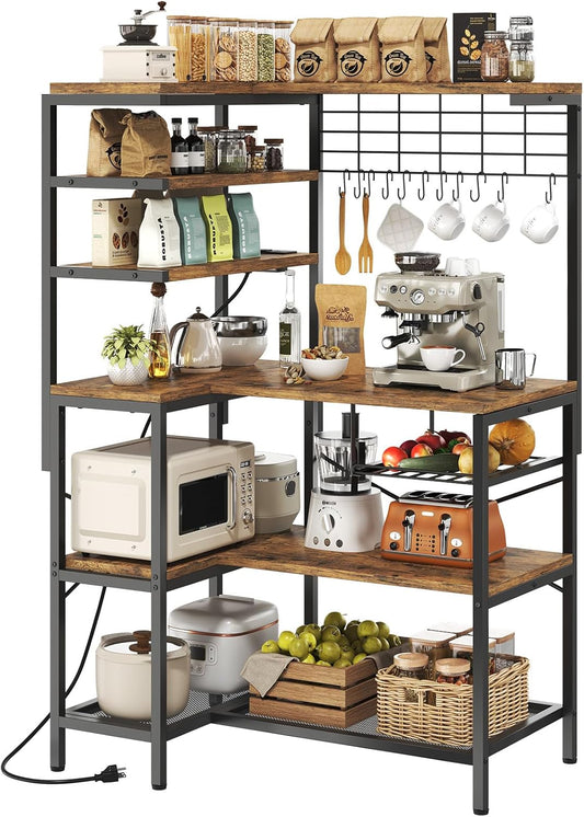 iabifo L-Shaped Bakers Rack with Power Outlet, 6-Tier Microwave Stand with Open Storage, Coffee Bar with Hooks, Mesh Grid, Kitchen Shelf with Wire Basket, Rustic Brown and Black