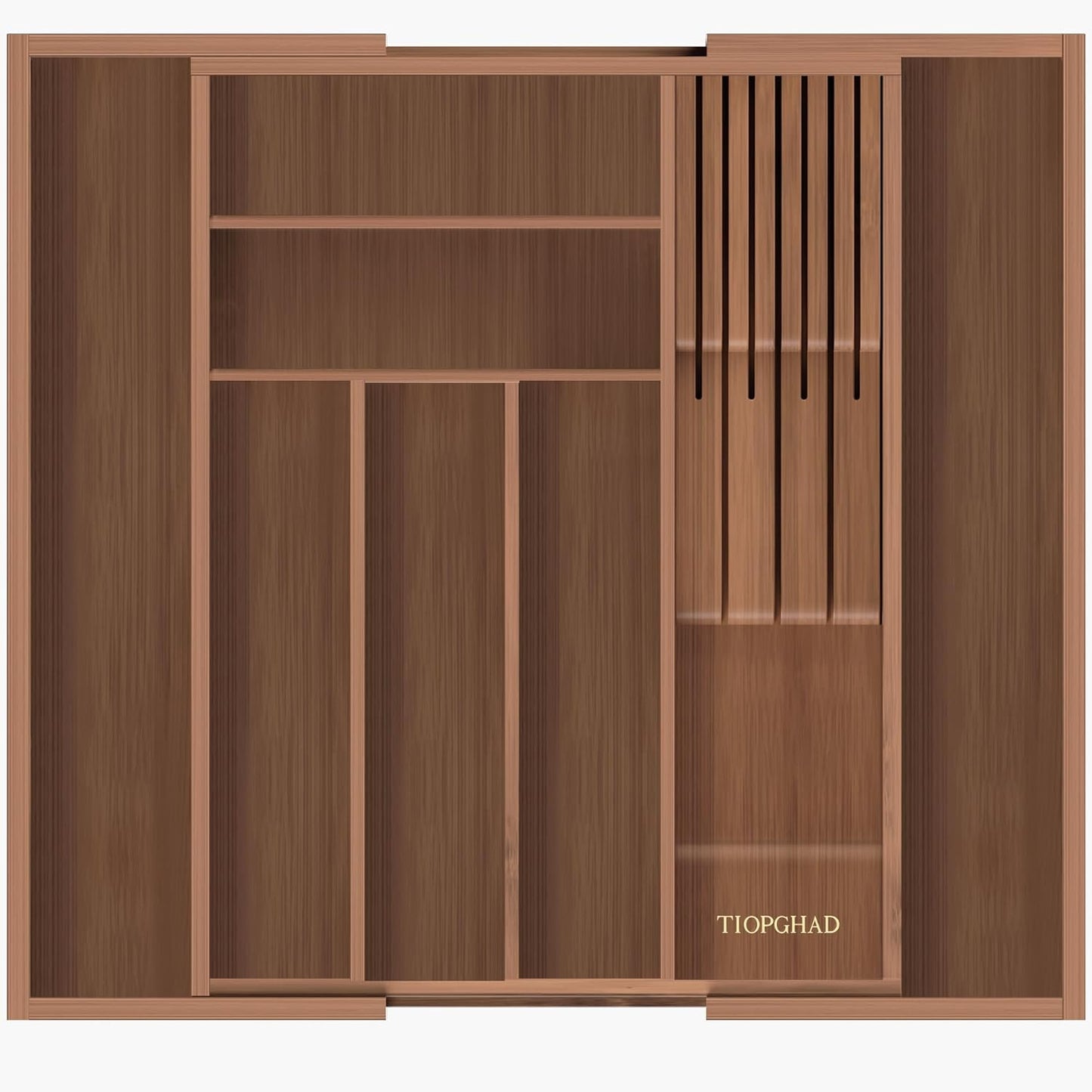 TIOPGHAD Bamboo-Silverware-Drawer-Organizer-Kitchen, Expandable Utensil Holder Cutlery Tray Flatware Organization Adjustable Wood Tableware Dividers Storage (with Removable Knife Block)(Brown)
