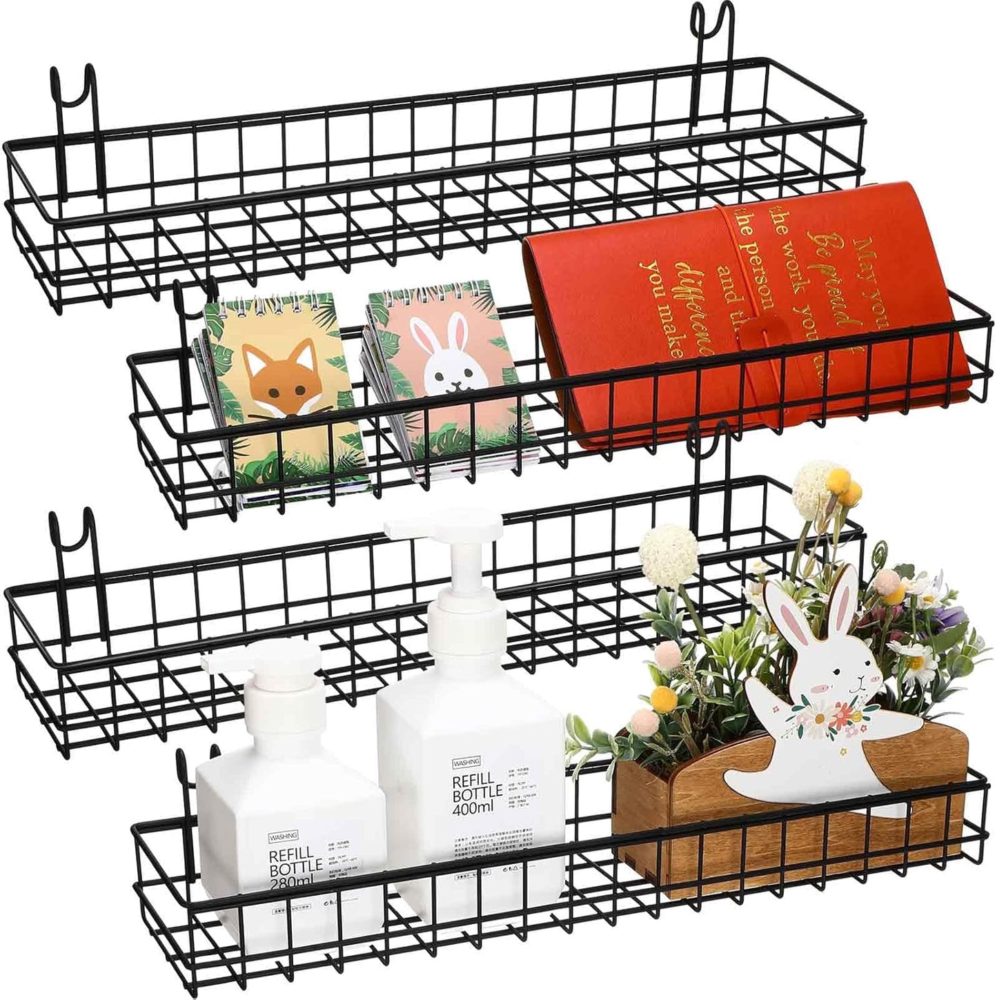 Blulu 4 Pcs 15.75 x 3.94 x 1.97 Inch Metal Grid Wall Baskets with Hooks Grid Wall Shelves Hanging Wire Basket Multi Function Storage Organizer for Kitchen Organizing Display (Black)