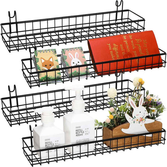 Blulu 4 Pcs 15.75 x 3.94 x 1.97 Inch Metal Grid Wall Baskets with Hooks Grid Wall Shelves Hanging Wire Basket Multi Function Storage Organizer for Kitchen Organizing Display (Black)