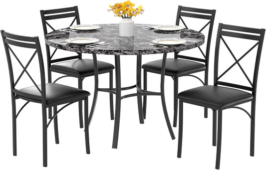 VECELO 5 Piece Dining Table Set for 4, Faux Marble Dinette with Chairs for Kitchen, Breakfast Nook, Small Space, Black