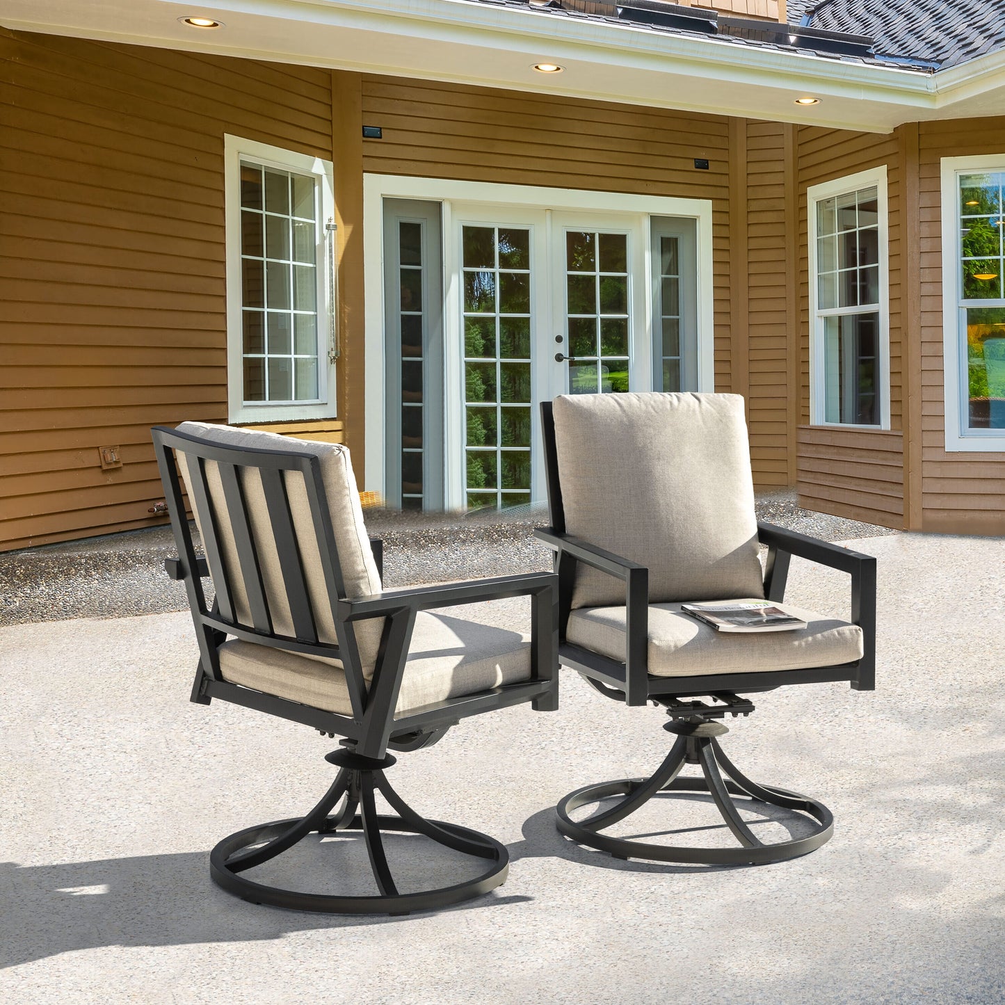 Nuu Garden Outdoor 2-Piece Swivel Chairs Set of 2 Black Aluminum Frame Swivel Dining Chair with Gray Solid Seat
