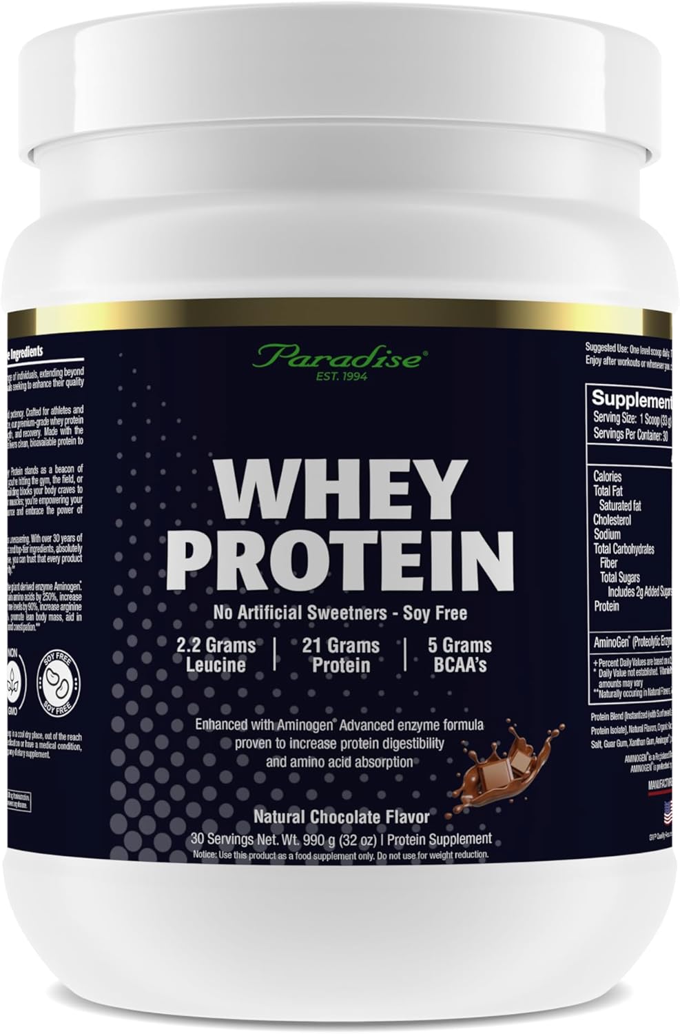 Paradise Herbs 100% Whey Protein Powder, Chocolate, 21g Protein, 5.5 BCAA's, 2.2g L-Leucine, 210mg Aminogen, 30 Servings