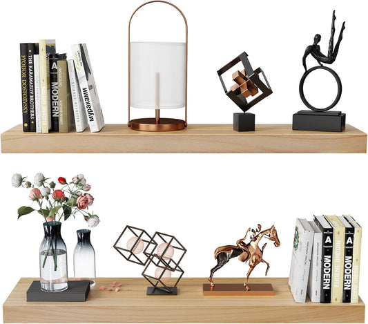 Habudda Floating Shelves for Wall, Bathroom Bedroom Kitchen Book Shelf, Rustic Wooden Home Decor Plant Display, Varnished Natural Solid Wood, Mounted Invisible Bracket, 30" Set of 2