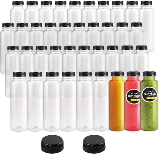 Kaderron 48pcs 8oz Plastic Juice Bottles with Caps, Empty PET Disposable Plastic Bottles, Clear Bulk Drink Containers with Black Tamper Evident Lids for Juicing, Drinking and Other Beverages
