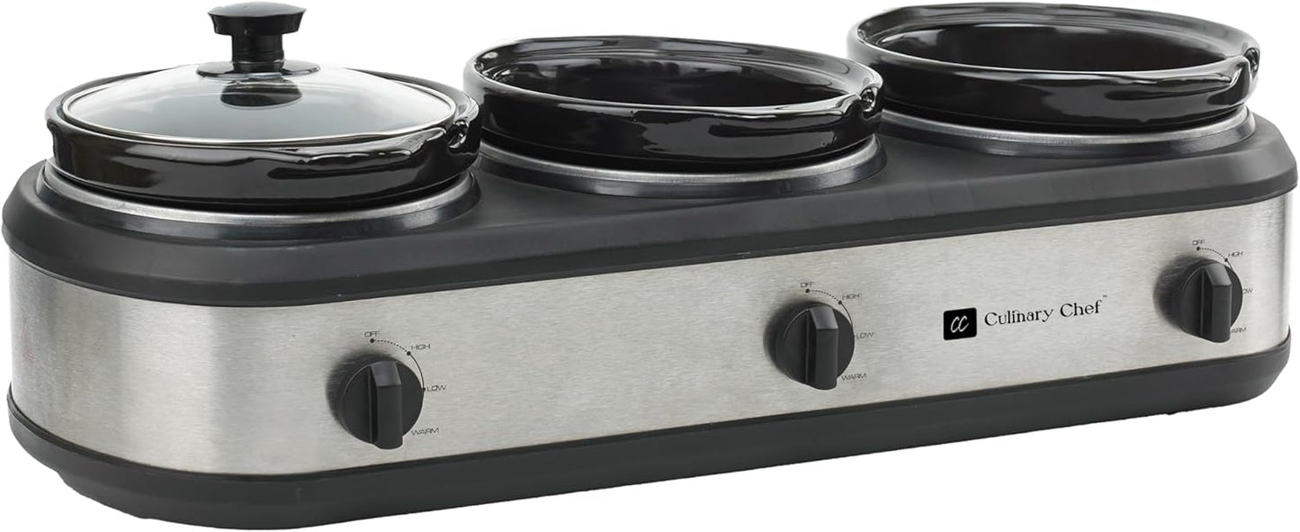 Triple Slow Cooker, Buffet Server 3 Pot, Food Warmer - Stainless