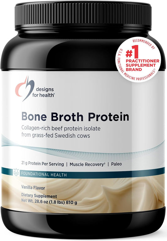 Designs for Health Bone Broth Protein Powder \u2013 21g Grass-Fed, Collagen-Rich Beef Protein Isolate \u2013 Vanilla, Paleo, Non-GMO, Dairy-Free (30 Servings \/ 810g)