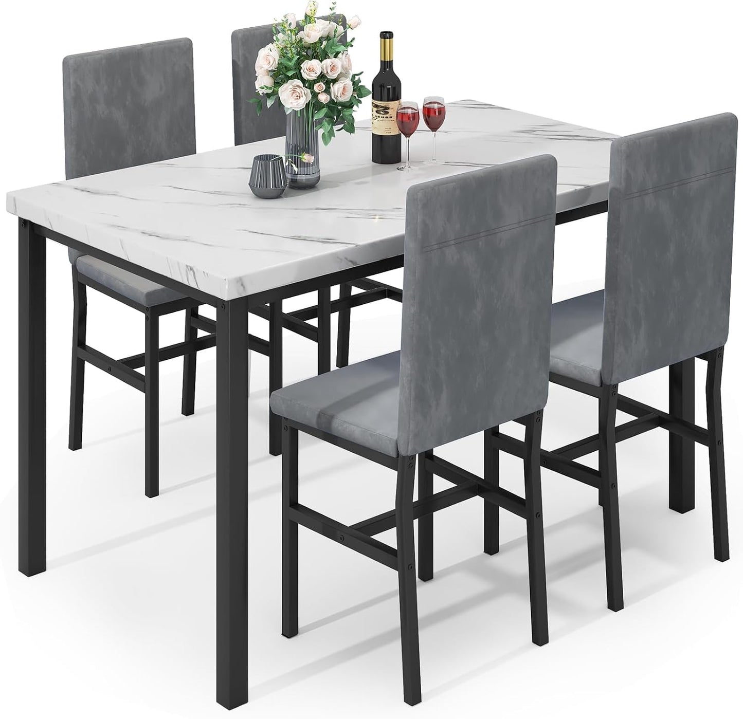 Hooseng 5-Piece Dining Table Set for 4 with Faux Marble Top & Velvet Chairs, Space Saving Modern Kitchen Table Set for Small Spaces, Apartments