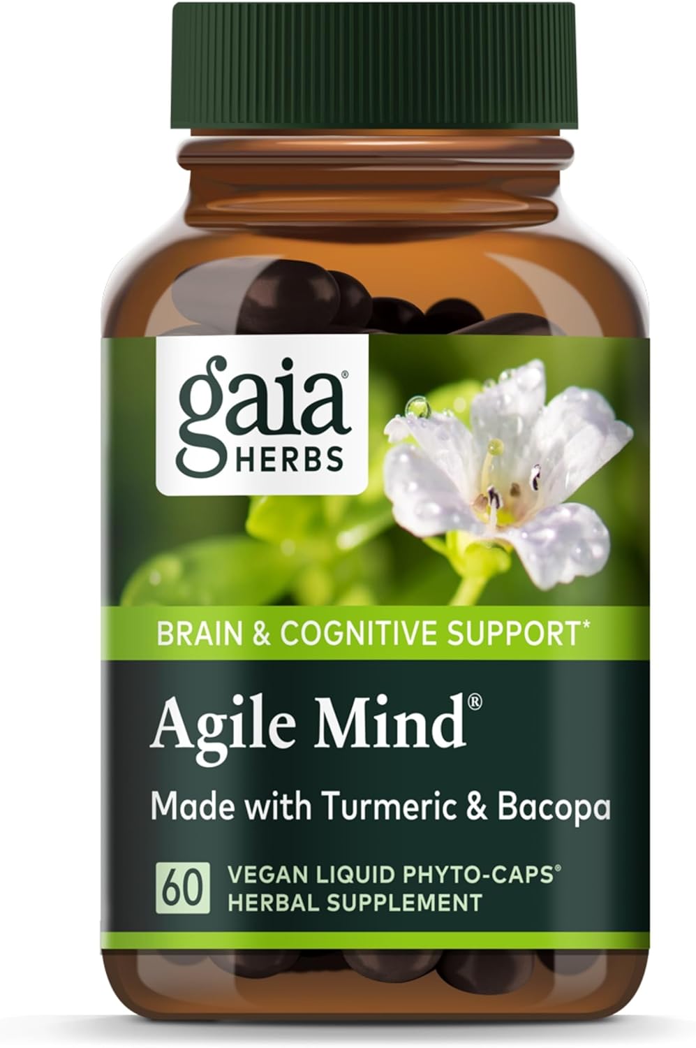Gaia Herbs Agile Mind - Brain & Cognitive Support Herbal Supplements - with Organic Turmeric Root, Bacopa, Black Pepper, and Ginkgo Biloba - 60 Vegan Liquid Phyto-Capsules (30-Day Supply)