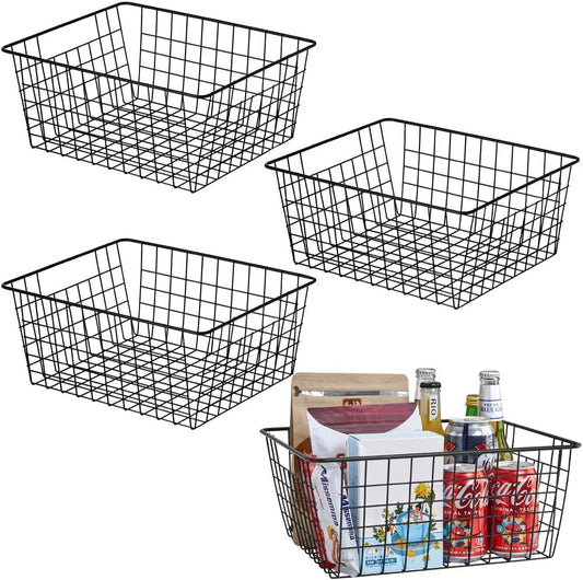 Aeggplant Kitchen Wire Baskets Farmhouse Decor Metal Food Storage Organizer,Household Refrigerator Bin with Built-in Handles for Cabinets,Pantry,Bathroom,Black