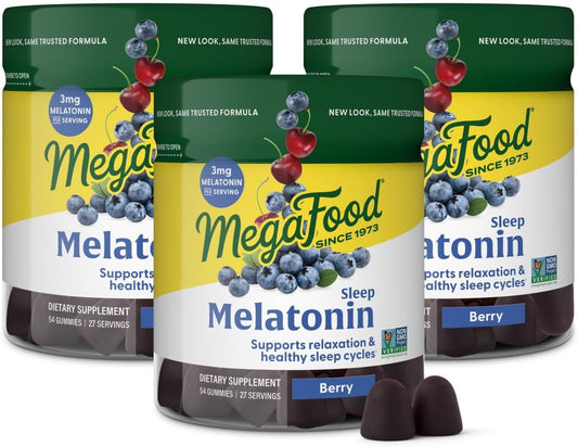 MegaFood Melatonin Gummies - Melatonin 3mg per Serving to Help Relax & Fall Asleep \u2013 Sleep Gummies for Adults - Berry Flavor, Non-GMO, Certified Vegan - 54 Count (27 Servings) 3 Pack