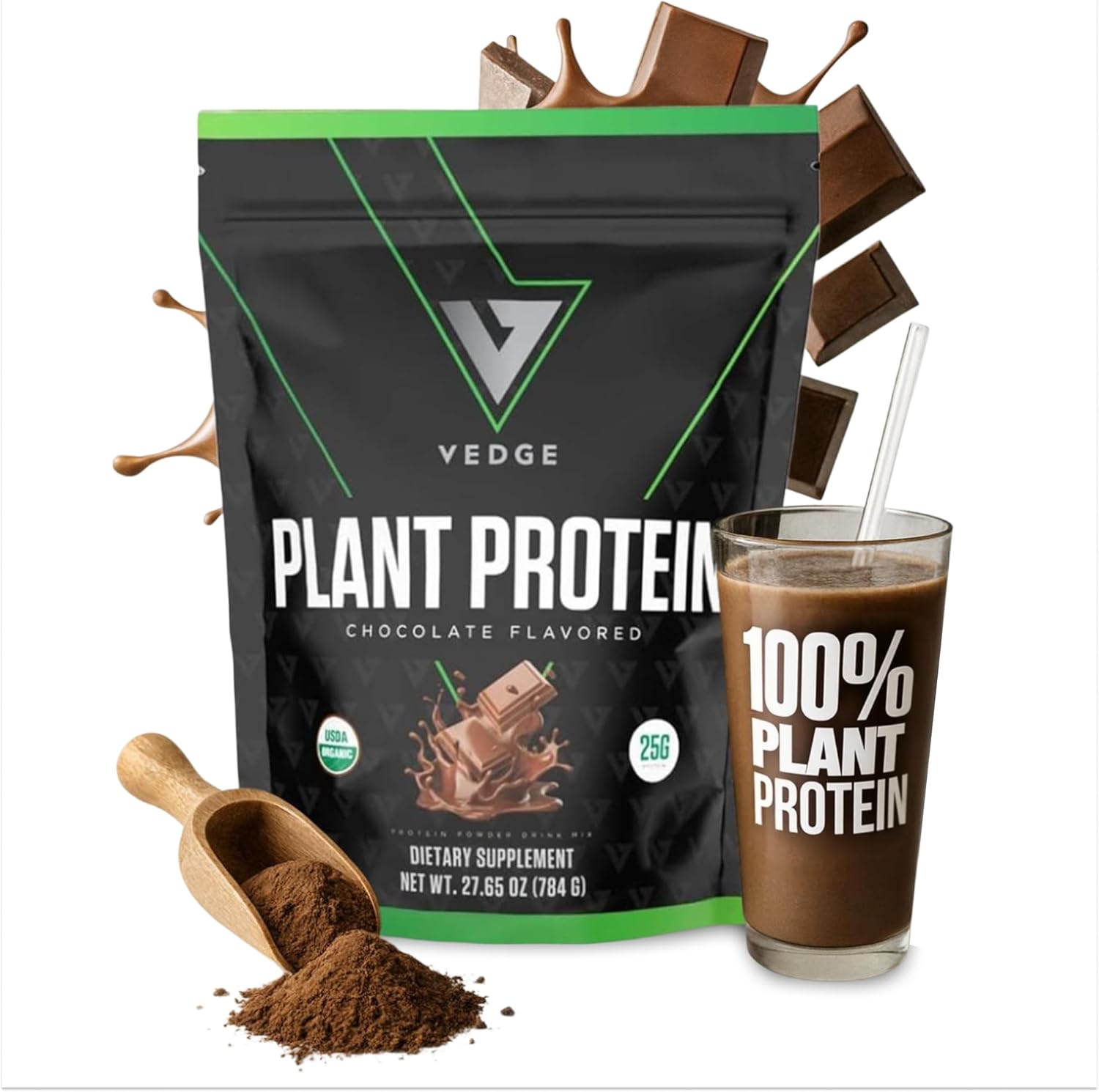 vedge Vegan Protein Powder - Plant Protein Powder with Pea, Pumpkin & Sunflower - USDA Organic, Amino Acids, Dairy Free, Gluten Free, Soy Free, Keto, Non GMO, Smooth Texture - Chocolate - 20 Servings