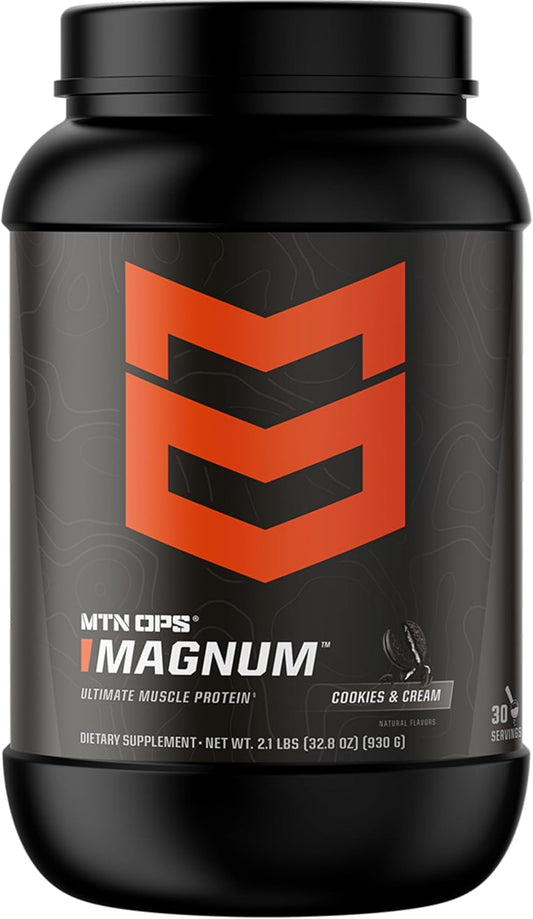 MTN OPS Magnum Cookies & Cream Protein Powder, 23g of Whey Isolate Protein & Milk Protein with BCAAs, Zero Sugar & Gluten Free, Cookies & Cream, 30-Serving Tub