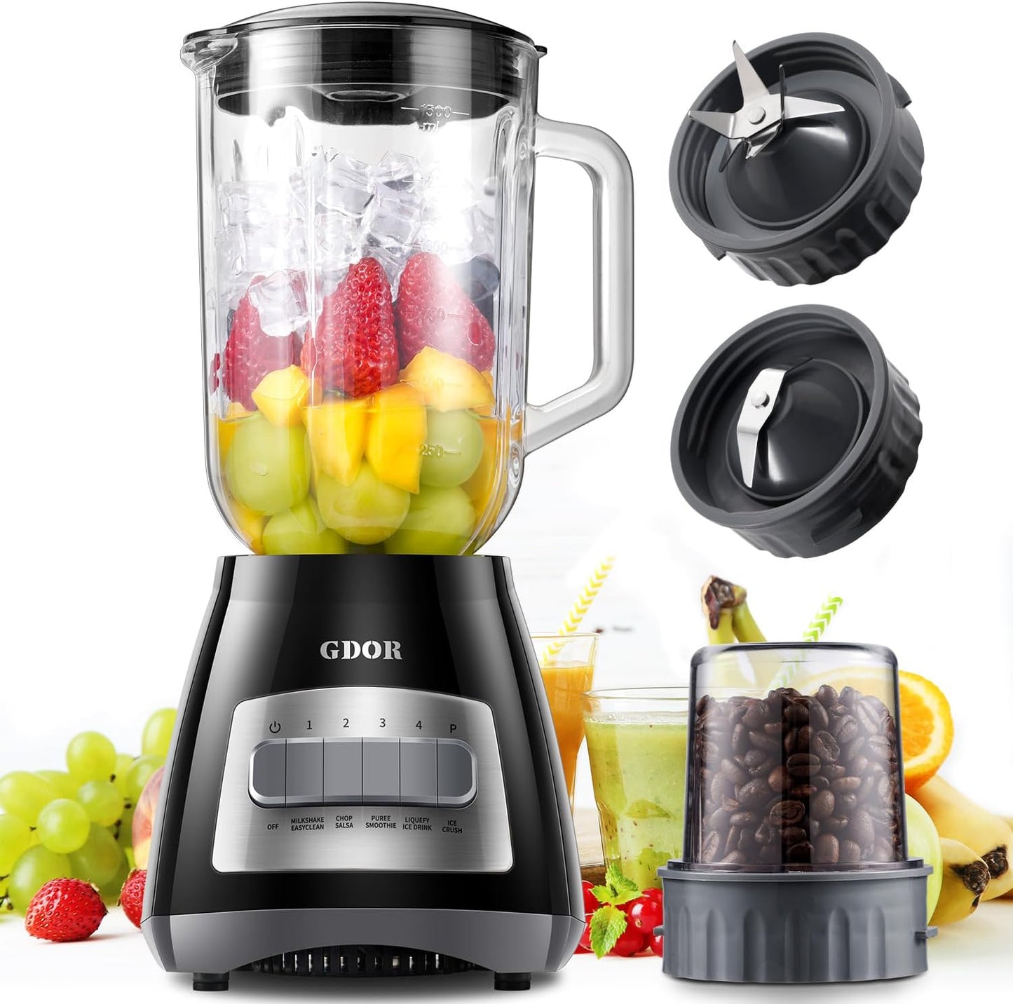 GDOR Blenders for Smoothies, 52 Oz Glass Jar Smoothie Blender, Countertop Blender & Grinder Combo, 9 Functions with 5 speeds for Shakes, Puree, Crush Ice, and Chop, Max 700W