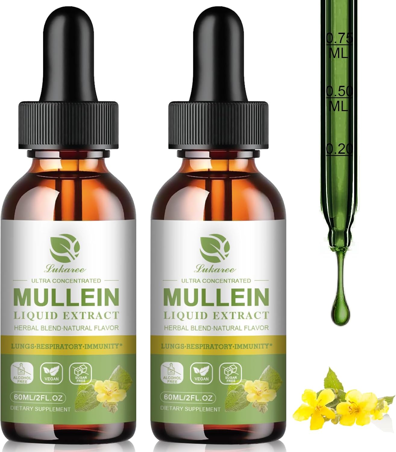 Mullein Drops for Lungs, Lung Detox & Cleanse, Vegan Mullein Leaf Extract Tincture with Chlorophyll Elderberry, etc, Natural Herbal Supplement for Respiratory, Immune, 60 Servings\/ 2 Fl Oz (Pack of 2)
