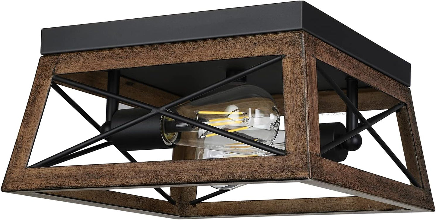DEWENWILS Farmhouse Flush Mount Ceiling Light with Wood Grain Finish, 2-Light Metal Light Fixture for Kitchen Hallway Entryway Porch