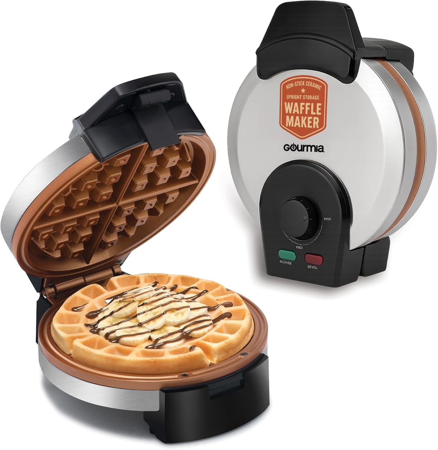 Gourmia Belgian Waffle Maker – Compact Design with Upright Storage, Adjustable Browning, and Easy-Clean Nonstick Ceramic Plates, Stainless Steel