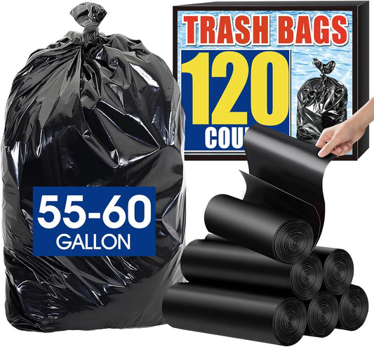 120 Count 55-60 Gallon Trash Bags, Tear-Free Large Black Garbage Bags for Kitchen, Office, Outdoor, Commercial Use, Lawn and Leaf Bags, Lightweight 17 Micron Design for Daily Dry Waste