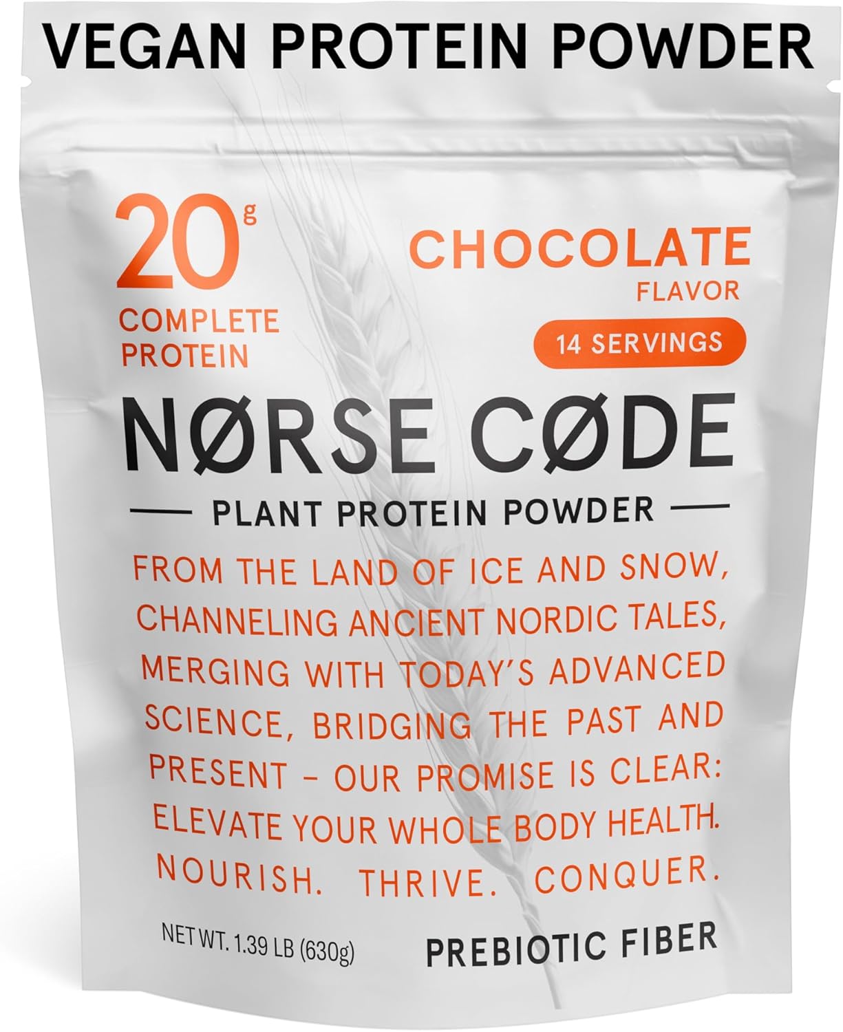 NØRSE CØDE:Chocolate Plant-Based Protein Powder \u2013 20g Protein, Vegan, Keto, Dairy-Free, Low Sugar, Fiber, Upcycled Barley, Rice & Pea Protein \u2013 1.39 lbs [14 Servings]
