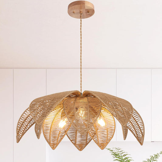 WYYSDWNE Farmhouse Chandeliers for Dining Room, 3-Light Rattan Boho Chandelier Light Fixture Hand Woven Wicker Pendant Light 24", Coastal Hanging Pendant Light for Kitchen Island Bedroom Living Room
