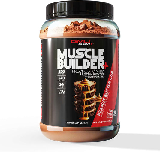 GMU SPORT – Muscle Builder+ Protein with 3g Creatine, 1.5g HMB, Collagen & Enzymes | 25g Protein, 28g Carbs, 240 Calories | Low Sugar Whey Protein for Strength, Recovery & Muscle Growth – 20 Servings