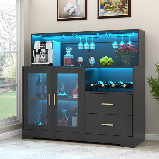 Bar Cabinet for Home with LED Light, Coffee Bar Cabinet with Wine & Glass Rack, Wine Cabinets with Drawers & Microwave Stand, Modern Liquor Cabinets for Kitchen, Living Room, Dining Room (Black)