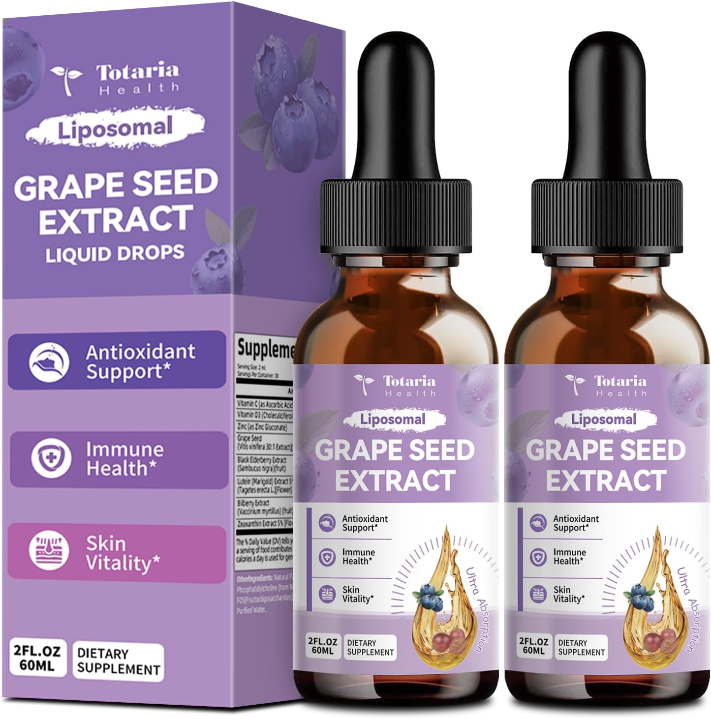 2 Pack Grape Seed Extract Liquid Drops | High Potency 95% Polyphenols Antioxidant Supplement for Skin, Heart & Immune Support | Vegan, Gluten Free | Alcohol-Free & Non-GMO | 4FL