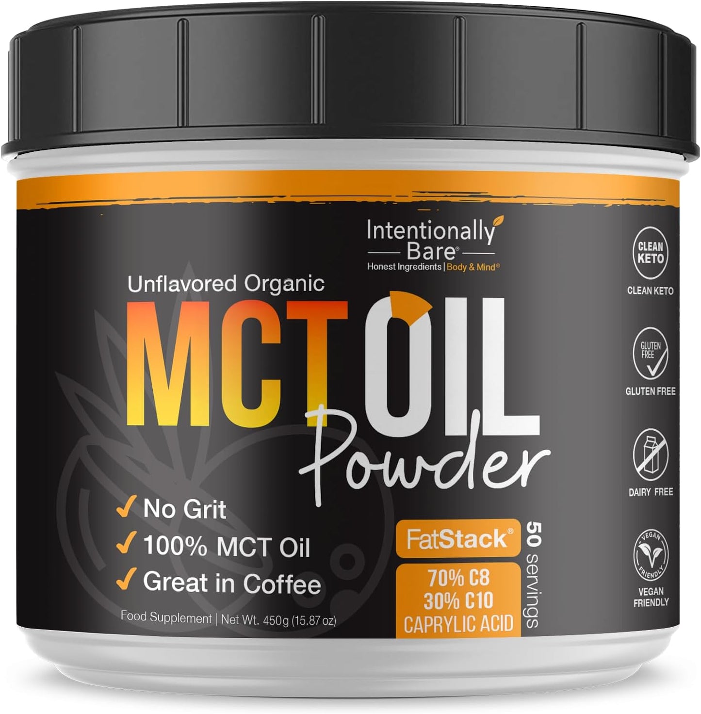 Intentionally Bare Keto MCT Oil Powder - 70% C8 & 30% C10 Medium Chain Triglycerides from Coconut Oil - Ideal for Keto Coffee, Shakes & Smoothies \u2013 Clean Energy, Mood, Focus & Metabolism - Unflavored