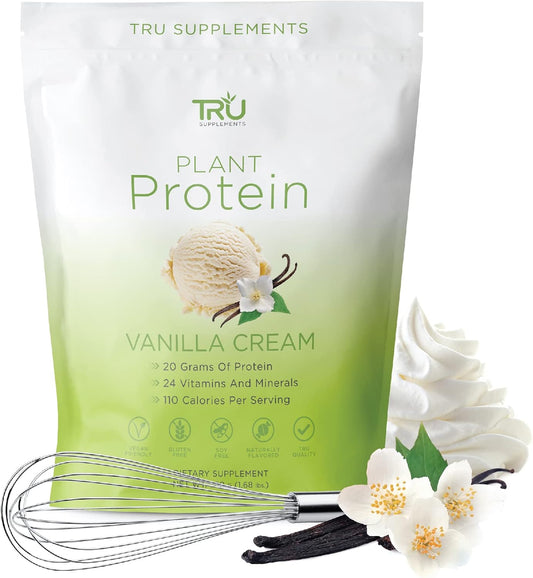 TRU Supplements Plant Based Protein Powder, BCAA, EAA, 20g Vegan Brown Rice & Pea Protein, 100 Calories, 27 Vitamins, No Artificial Flavors 25 Servings (Vanilla)