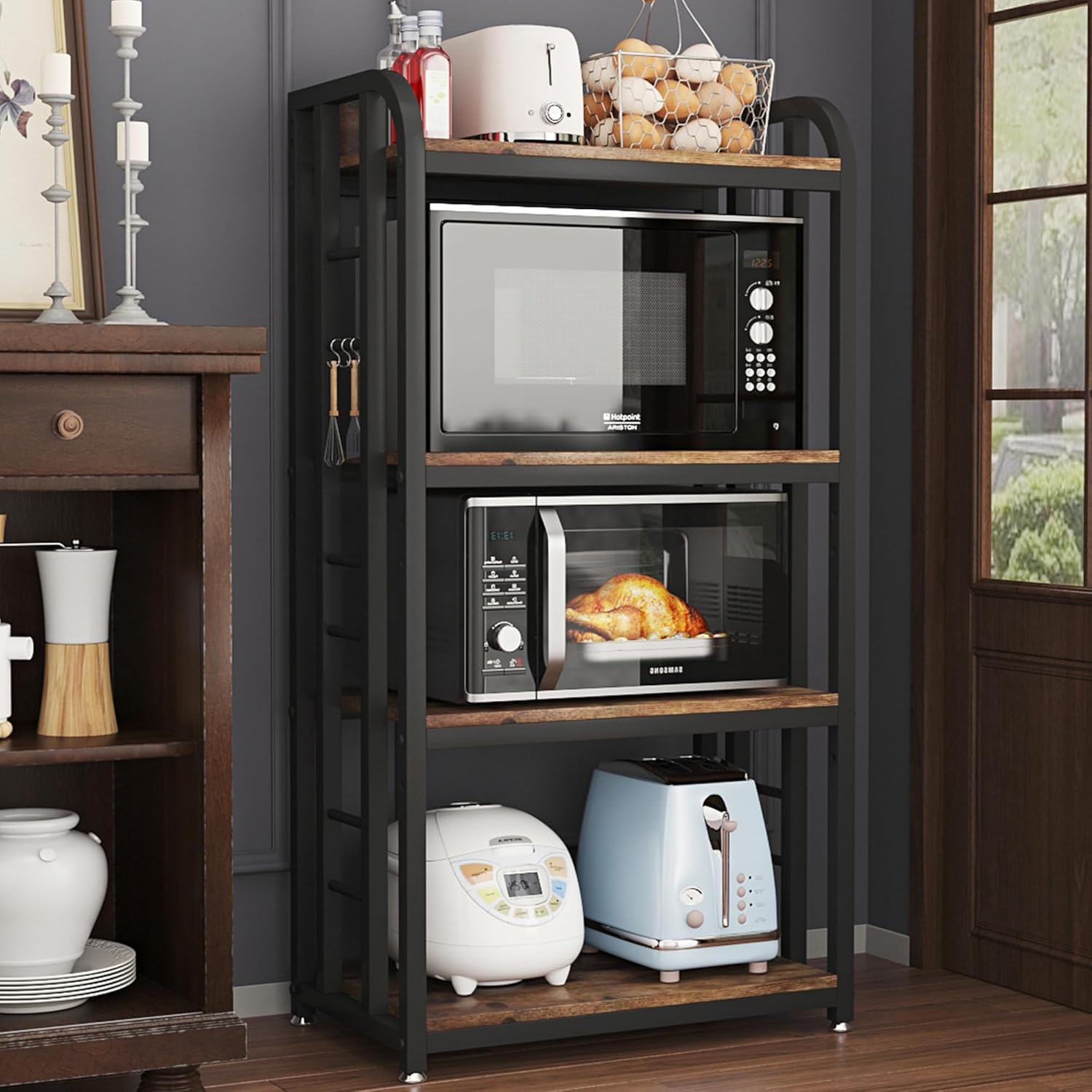 lovemanxi Microwave Oven Stand with Storage 4 Tiers, Free Standing Microwave Oven Stand Coffee Bar Adjustable Kitchen Shelves Kitchen Storage Shelf Rack Bakers Racks for Kitchens(Brown)