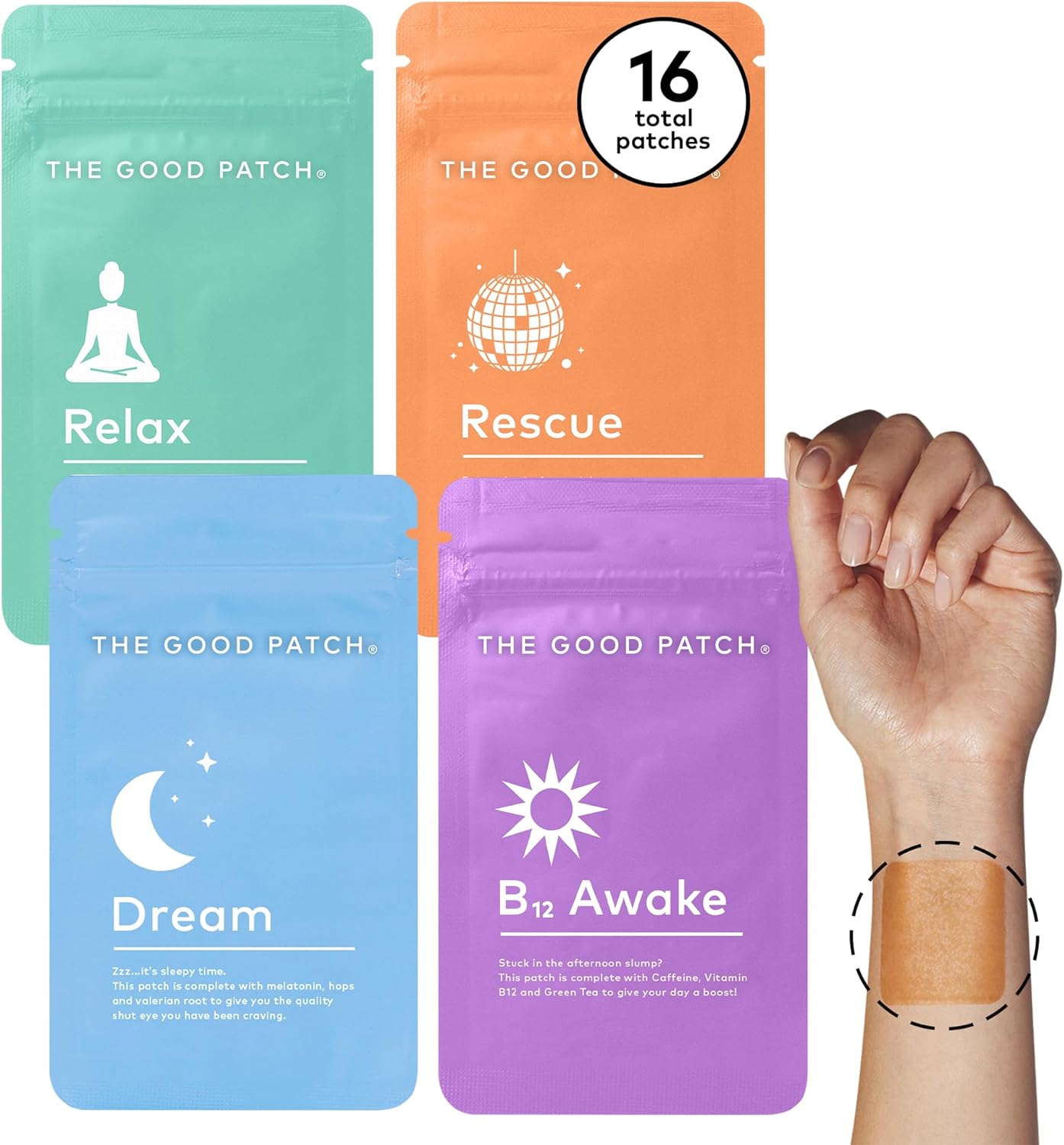 The Good Patch Vital Natural Patches Mixed Bundle with B12 Patches Awake to Help Promote Energy, Dream to Support Sleep, Rescue to Bounce Back, Relax to Unwind, Plant Powered (16 Total Patches)