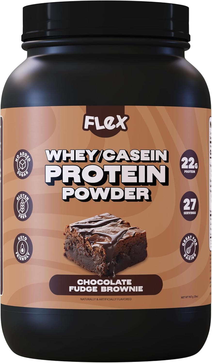 Flex Brands Whey Protein Powder, Chocolate Fudge Brownie | Low Net Carbs, Gluten Free, No Sugar Added | 2 Lb - 27 Servings